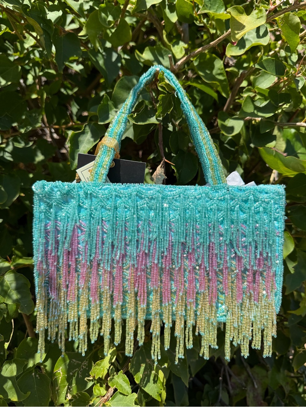 NWT Made in India Beaded Fringe Tassels Draped Blue Teal Purple Green Beaded Bag - Picture 3 of 4